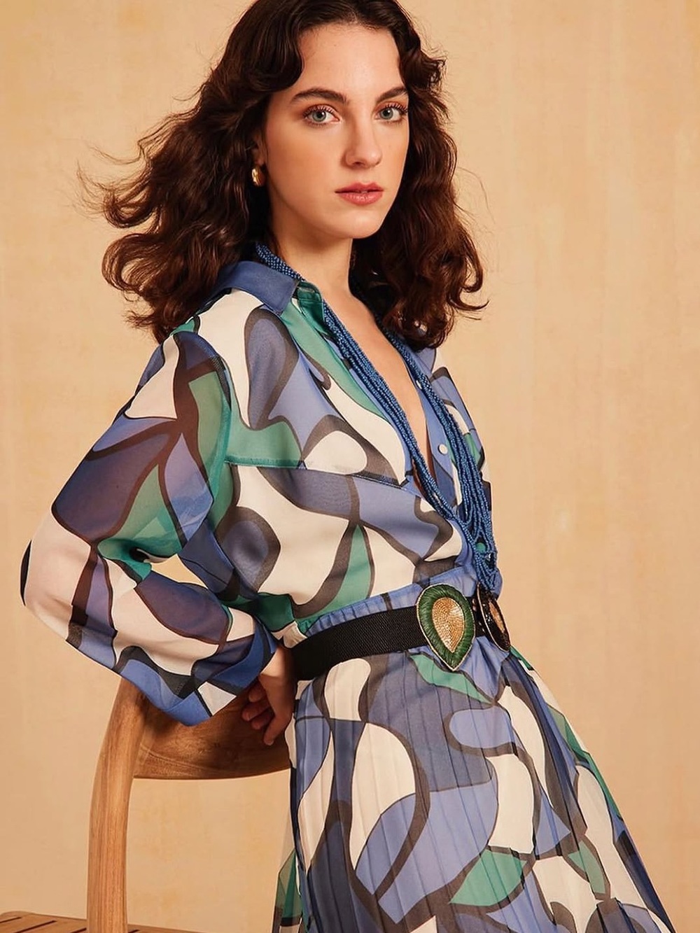 Blue & Green Abstract Midi Dress with V-Neck